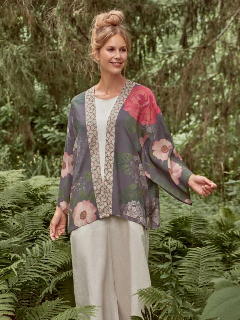 POWDER Hedgerow kimono floral mix print jacket pewter